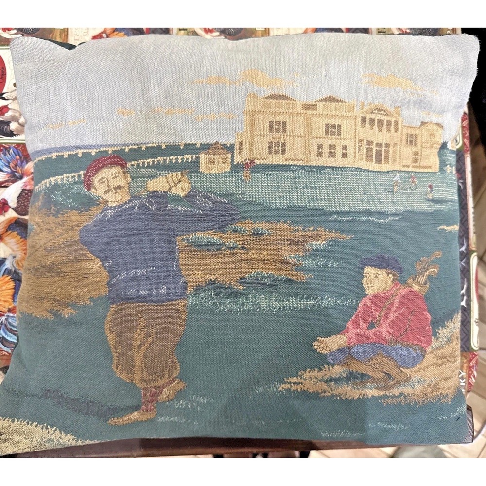 Vintage Golf at St Andrews Scotland Tapestry Throw Pillow 16x14 Golfer